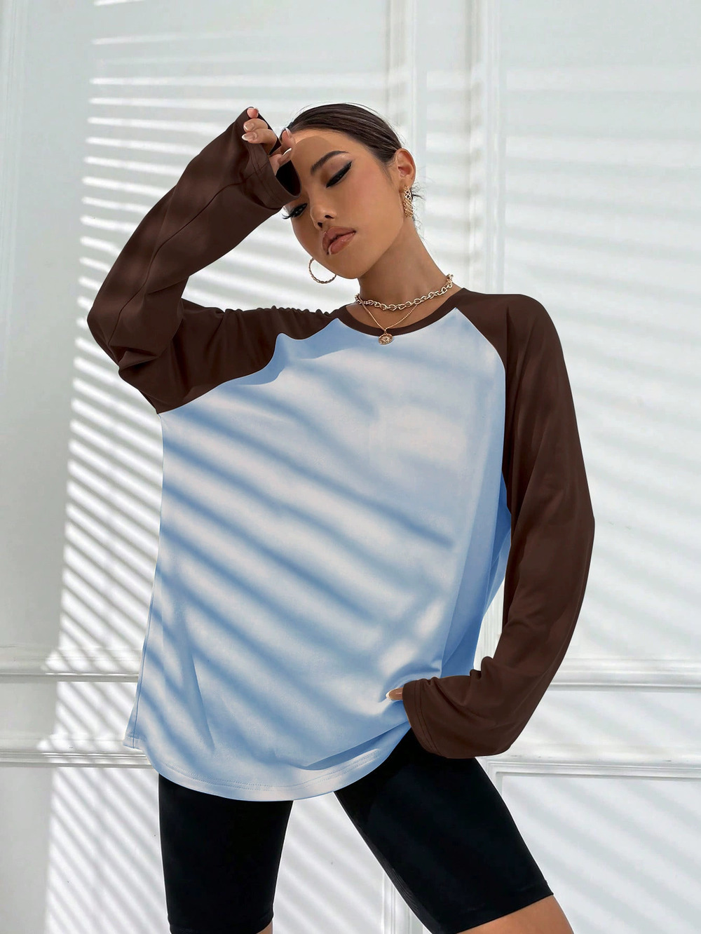 ZARA Vintage American Colorblock Raglan Long Sleeve Tee Oversized Slimming